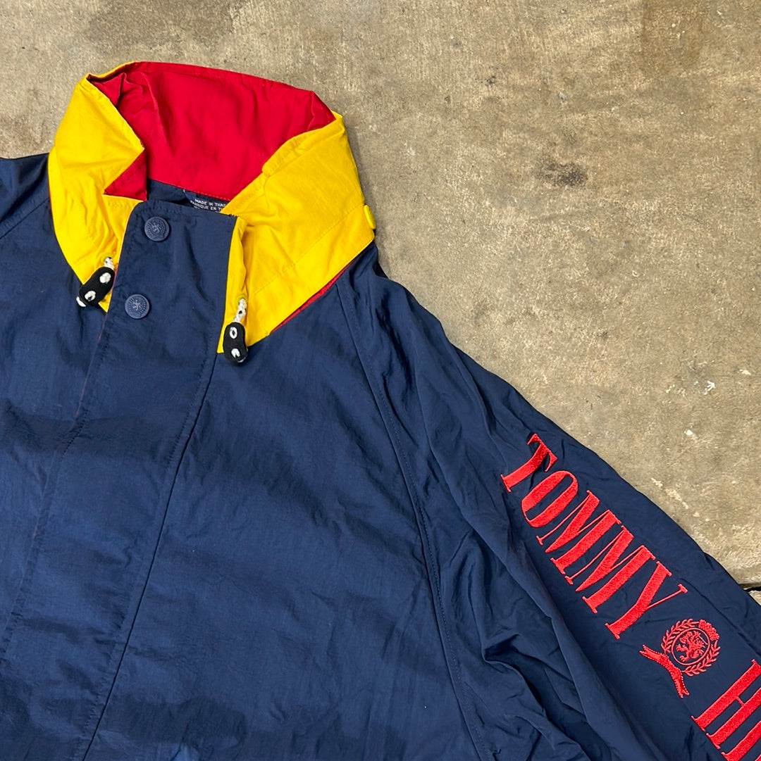 Vintage 90’s Tommy Hilfiger Flag Nautical Sailing Coat Hooded Jacket Navy Blue Size XL