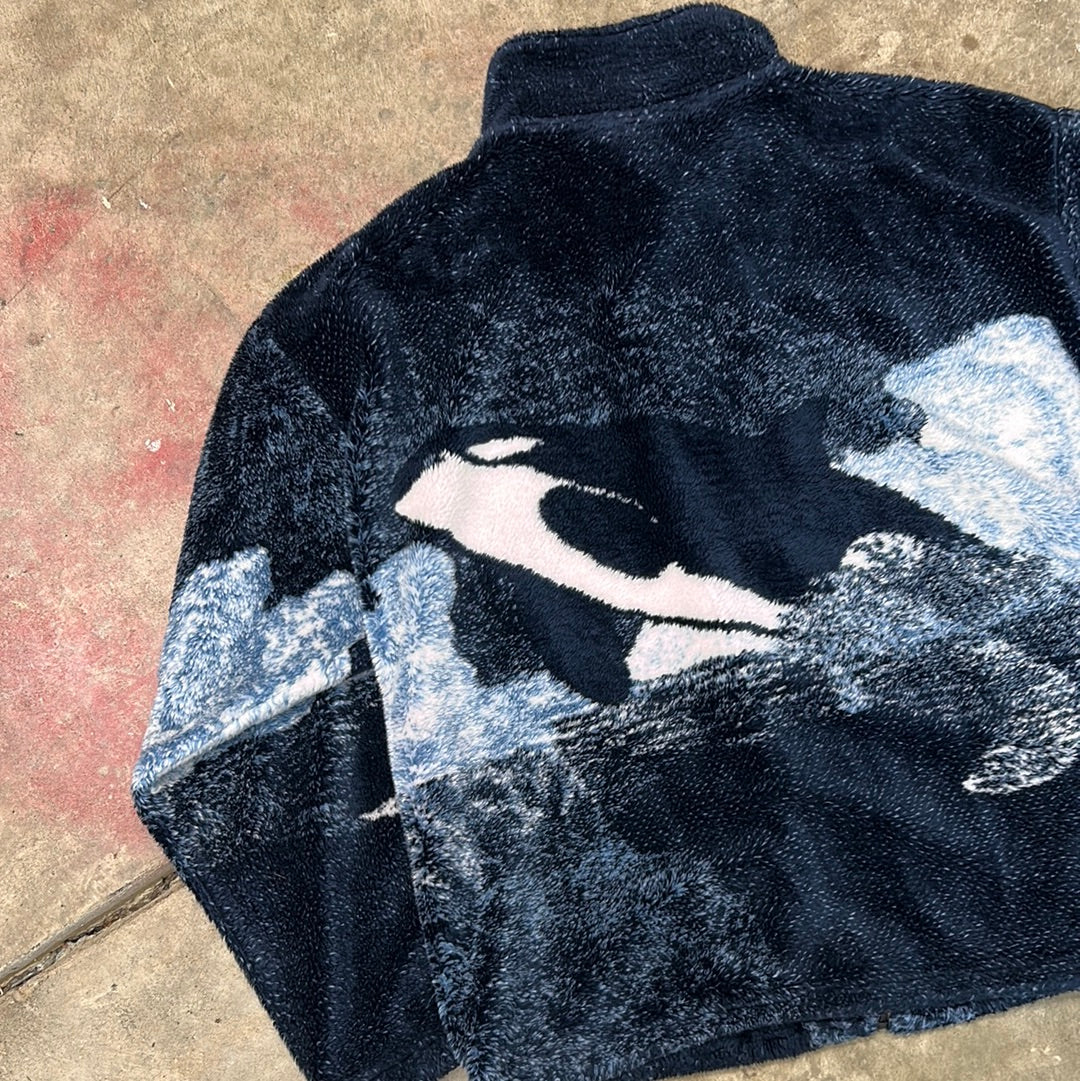 Vintage Whale Nature Orca All Over Print Fleece Jacket Large