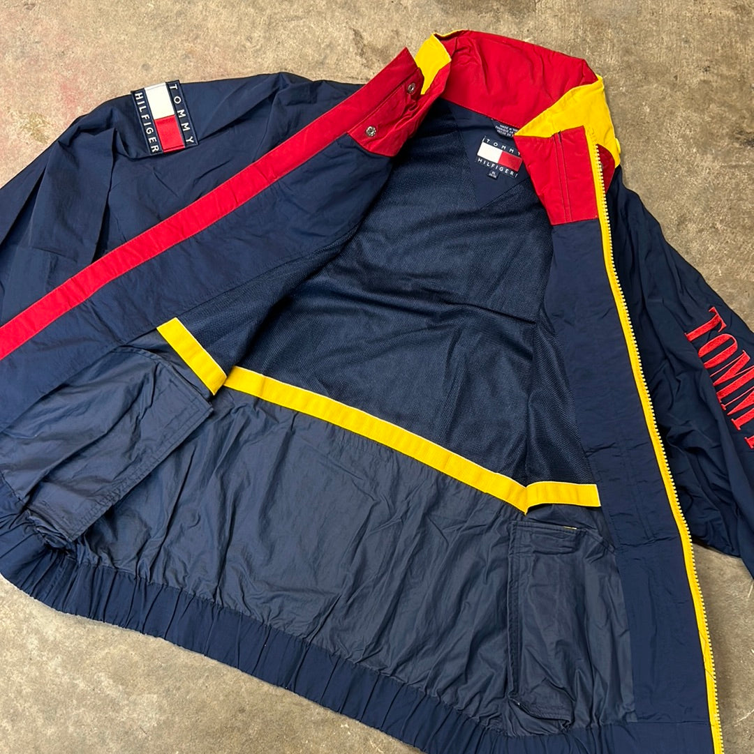 Vintage 90’s Tommy Hilfiger Flag Nautical Sailing Coat Hooded Jacket Navy Blue Size XL