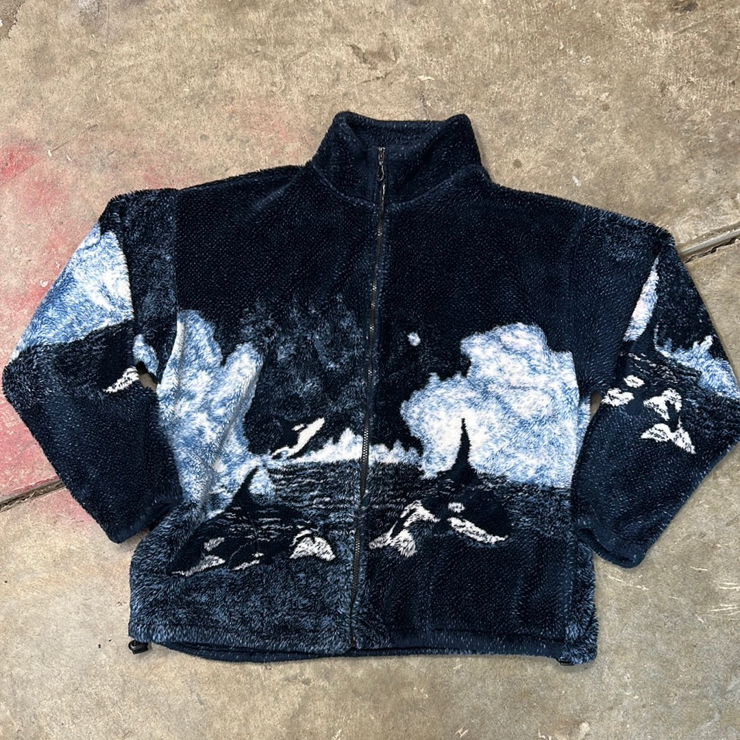 Vintage Whale Nature Orca All Over Print Fleece Jacket Large