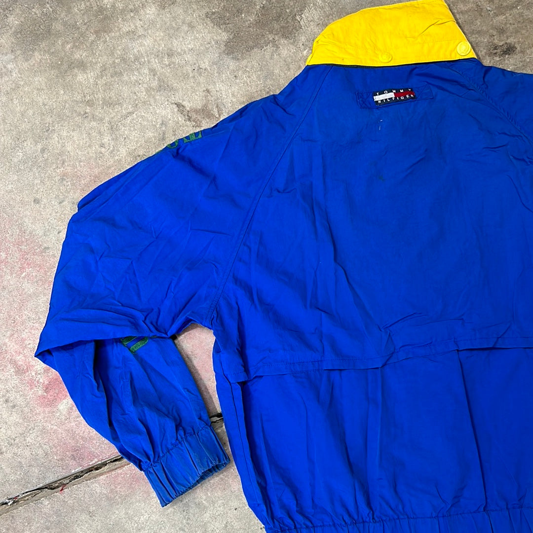 Vintage 90’s Tommy Hilfiger Flag Nautical Sailing Coat Hooded Jacket Royal Blue Size M