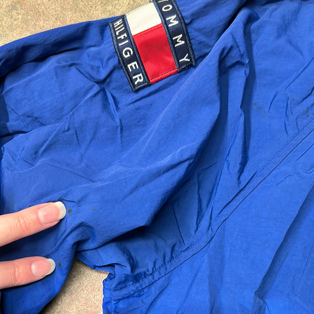 Vintage 90’s Tommy Hilfiger Flag Nautical Sailing Coat Hooded Jacket Royal Blue Size M