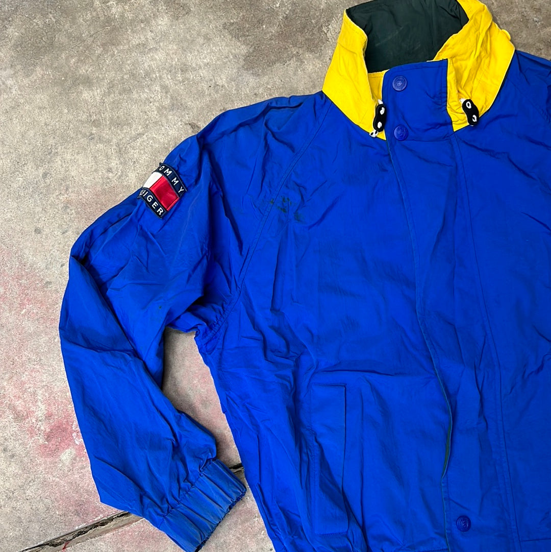 Vintage 90’s Tommy Hilfiger Flag Nautical Sailing Coat Hooded Jacket Royal Blue Size M