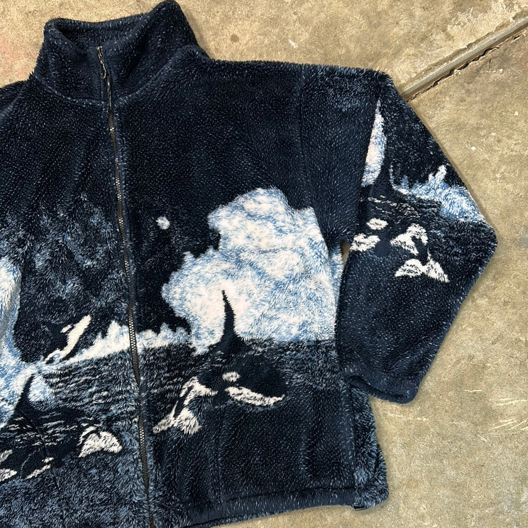 Vintage Whale Nature Orca All Over Print Fleece Jacket Large