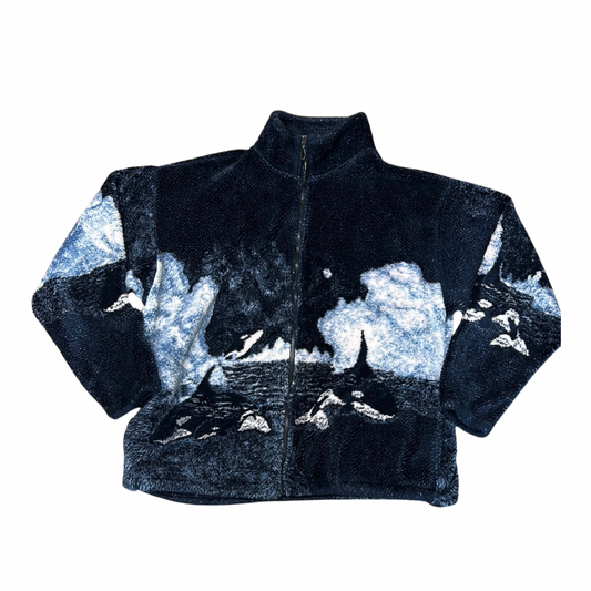 Vintage Whale Nature Orca All Over Print Fleece Jacket Large