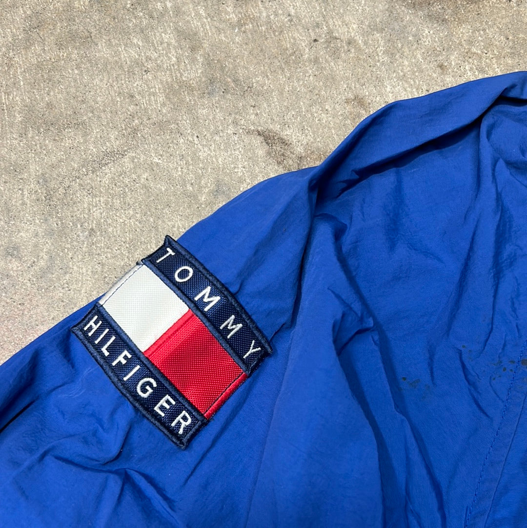 Vintage 90’s Tommy Hilfiger Flag Nautical Sailing Coat Hooded Jacket Royal Blue Size M