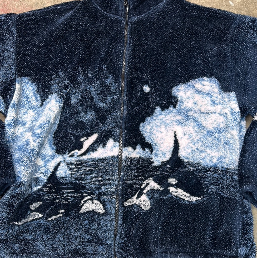 Vintage Whale Nature Orca All Over Print Fleece Jacket Large